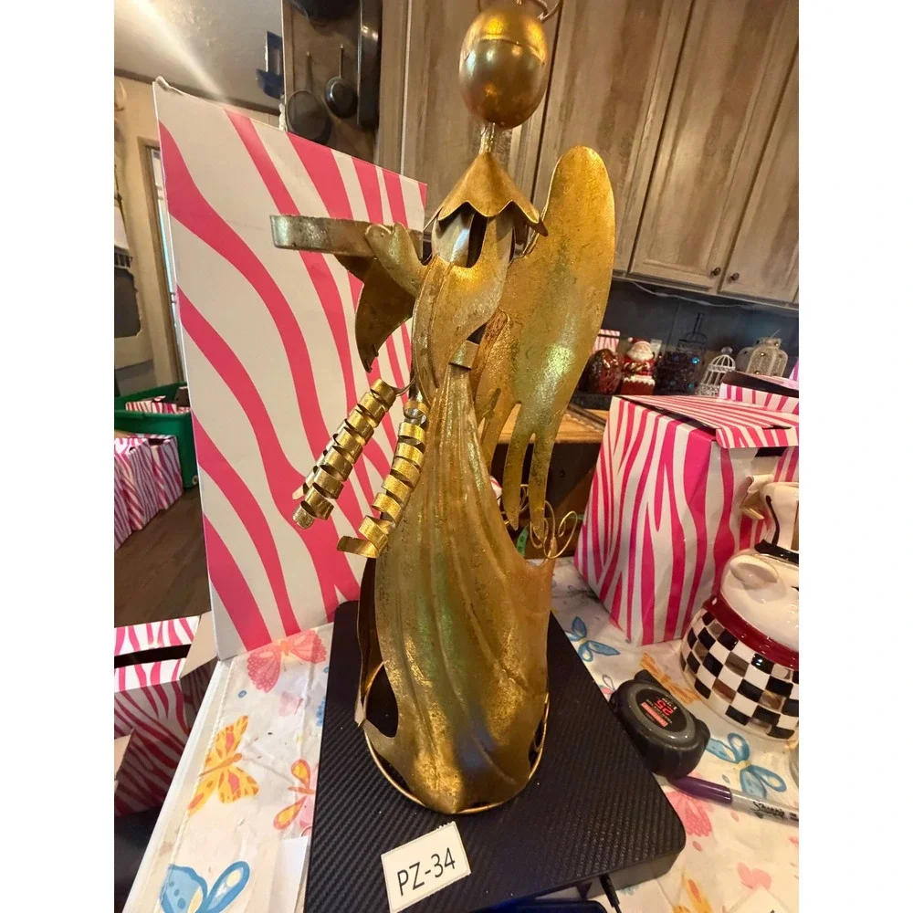 Pink Zebra Retired Gold Metal Angel Candle Holder Christmas Decor 18.5 Inch